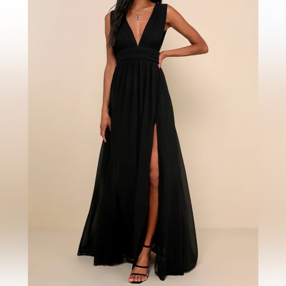Lulus Heavenly Hues Black Maxi Dress Sleeveless V-Neck Pleated Gown Slit NEW